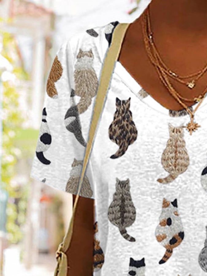 Women'S Cute Cats Embroidery Print T-shirt