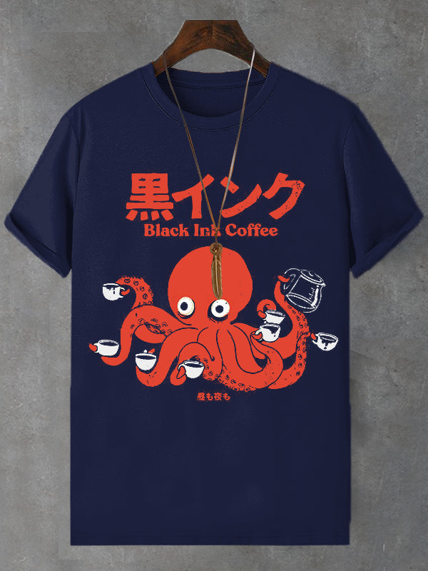 Men's Octopus Coffee Japanese Art Print Cotton Casual T-Shirt