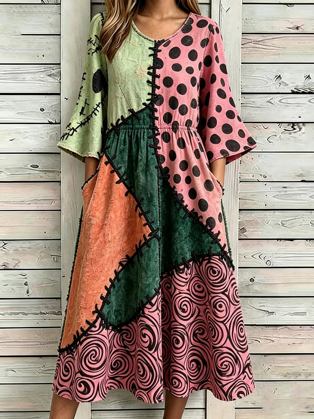 Women's Halloween Color Block Pattern Casual Mid-sleeve Dress