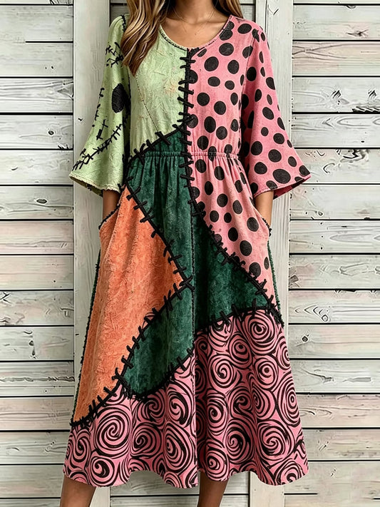 Women's Halloween Color Block Pattern Casual Mid-sleeve Dress