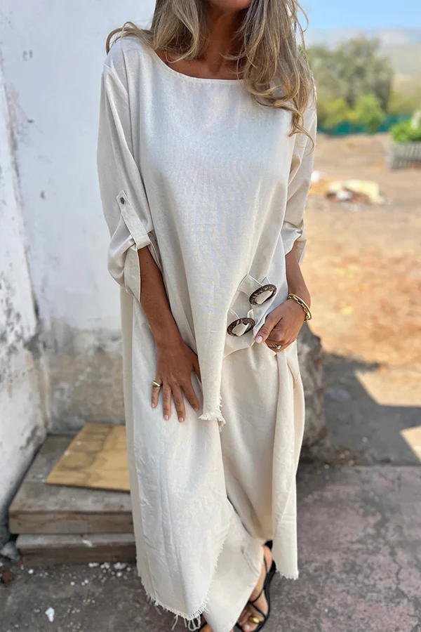 Women's Linen Blend Ring Detail Midi Blouse and Elastic Waist Pocketed Loose Pants Set