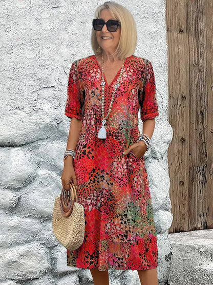 Women's Short Sleeve Summer Leopard Lace Dress V Neck Daily Going Out Casual Knee Length A-Line Khaki