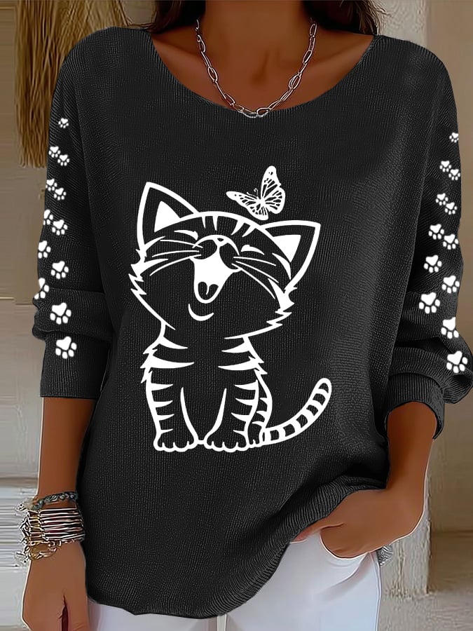 Women'S Cute Cat Print Casual Knitted Top