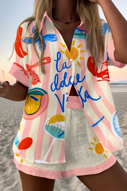 Seaside Holiday Striped Print Shirt & Shorts Two-Piece Set
