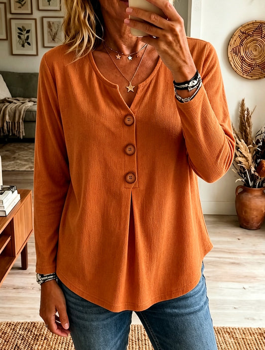Women's Corduroy  Buttons Solid Color Vintage Long Sleeve V Neck Regular Tops