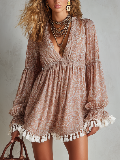 Bohemian Style Floral Tassel Hem Mini Dress