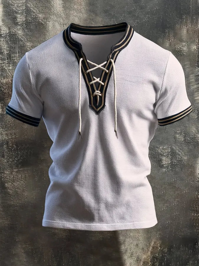 Men's Fashion Color-Block Waffle-Knit Lace-Up Henley Short-Sleeve Top