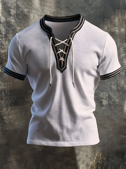 Men's Fashion Color-Block Waffle-Knit Lace-Up Henley Short-Sleeve Top
