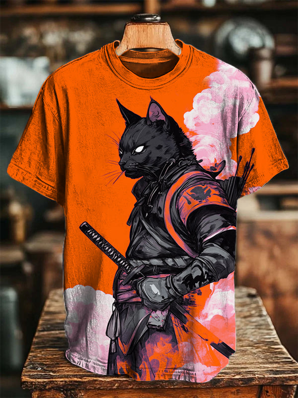 Men's Domineering Black Cat Warrior Knight Print T-Shirt
