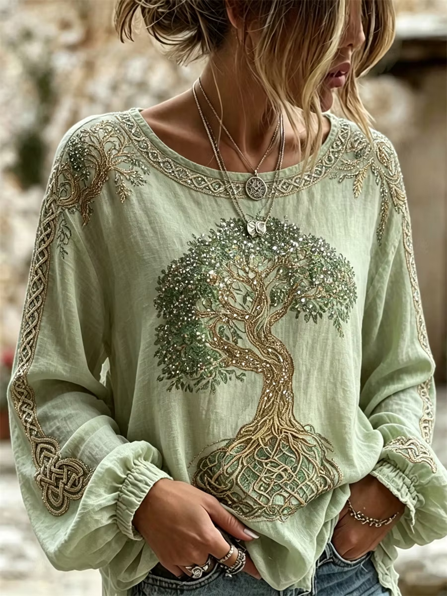 Women's Vintage Viking Tree of Life Celtic Knot Print Cotton-Linen Shirt