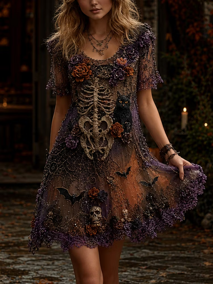 Women's Halloween Gothic Skeleton Ribcage, Spiderweb & Cat Short-sleeve Dress
