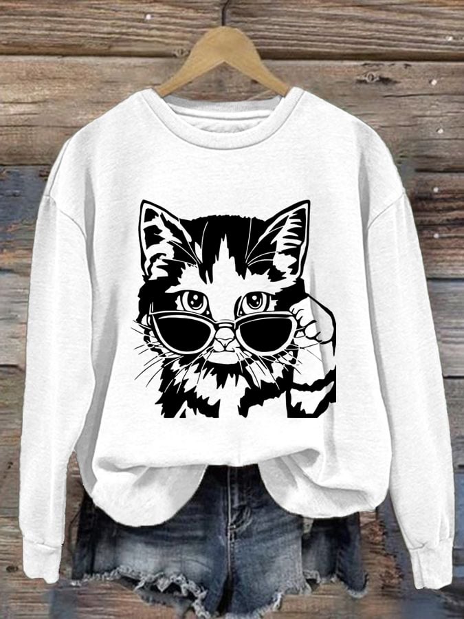Women'S Cool Cat Print Casual Sweatshirt