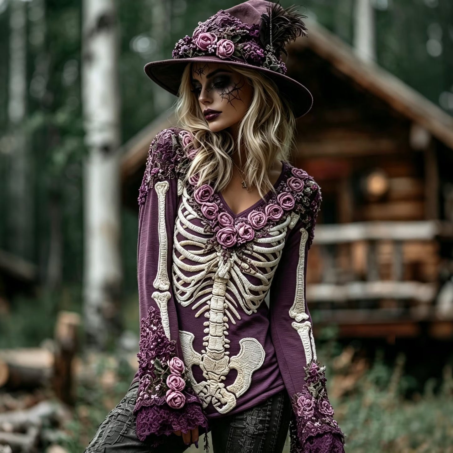 Women's Halloween Rose Floral Skull V Neck T-shirt