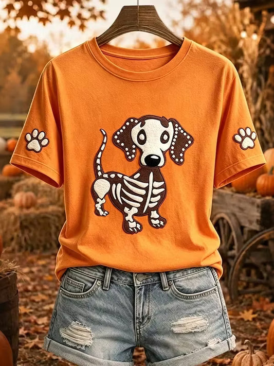 Women's Halloween Skull Dachshund Pattern Art Print Casual T-shirt