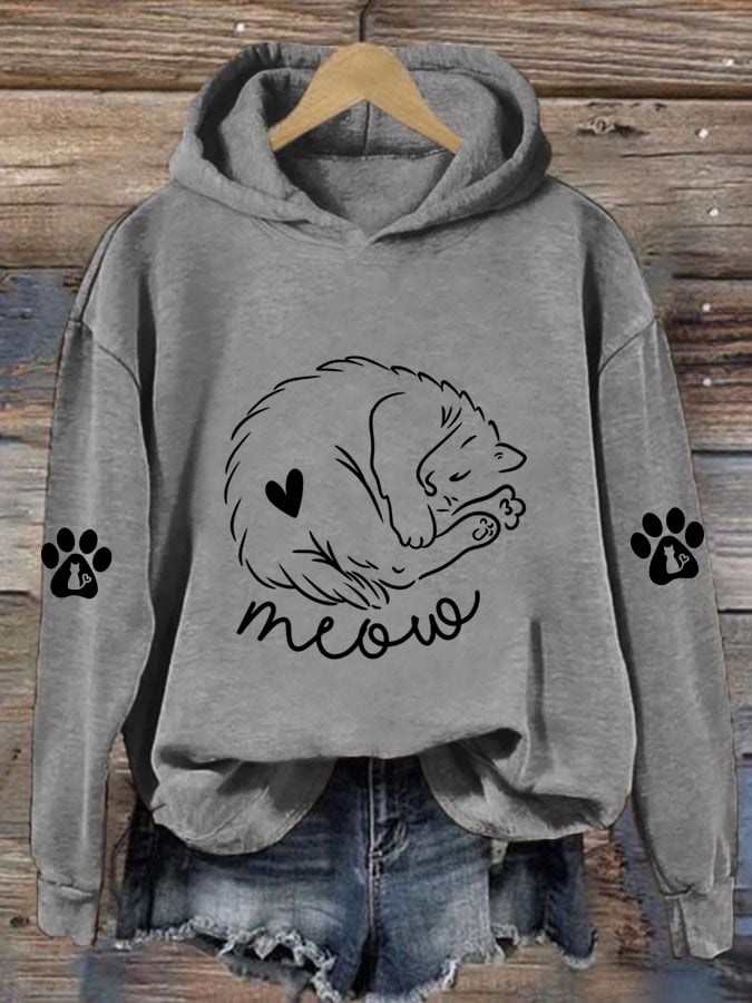 Women's Cute Cat Meow & Heart Print Hoodie