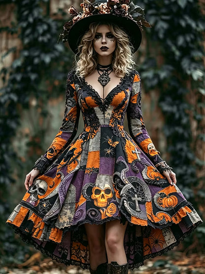 Women's Dark Cross Pumpkin Patchwork V-neck Long-sleeve Dress
