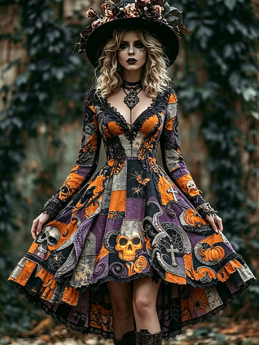 Women's Dark Cross Pumpkin Patchwork V-neck Long-sleeve Dress