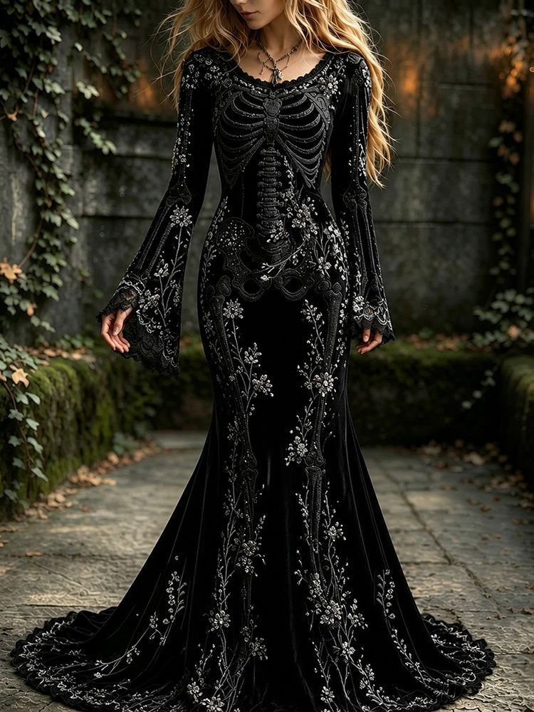 Women's Halloween Dark Gothic Skull Floral Rhinestones Elegant Velvet Round Neck Long Sleeve Dress