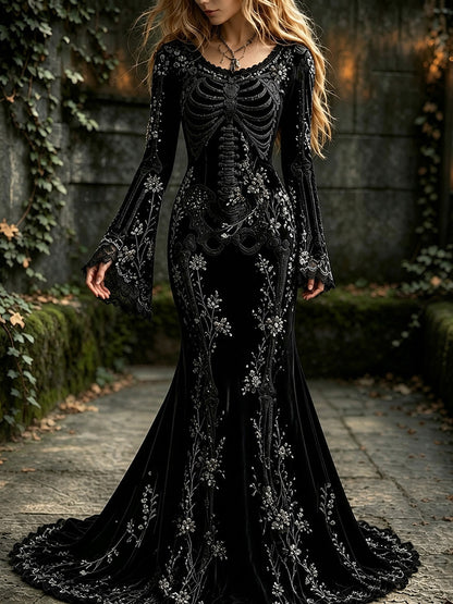 Women's Halloween Dark Gothic Skull Floral Rhinestones Elegant Velvet Round Neck Long Sleeve Dress