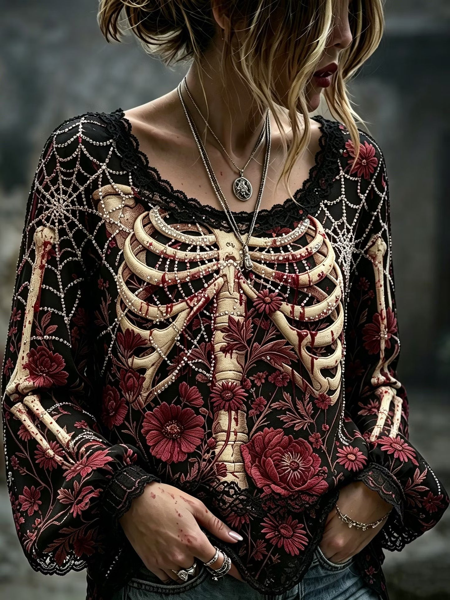 Women's Halloween Rose, Skeleton, And Spider Web Print Top