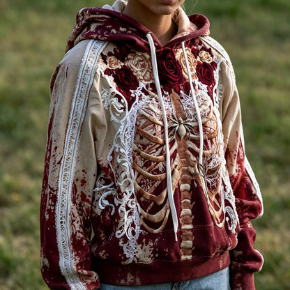 Women's Retro Halloween Human Bones And Floral Embroidery Comfortable Hooded Sweatshirt