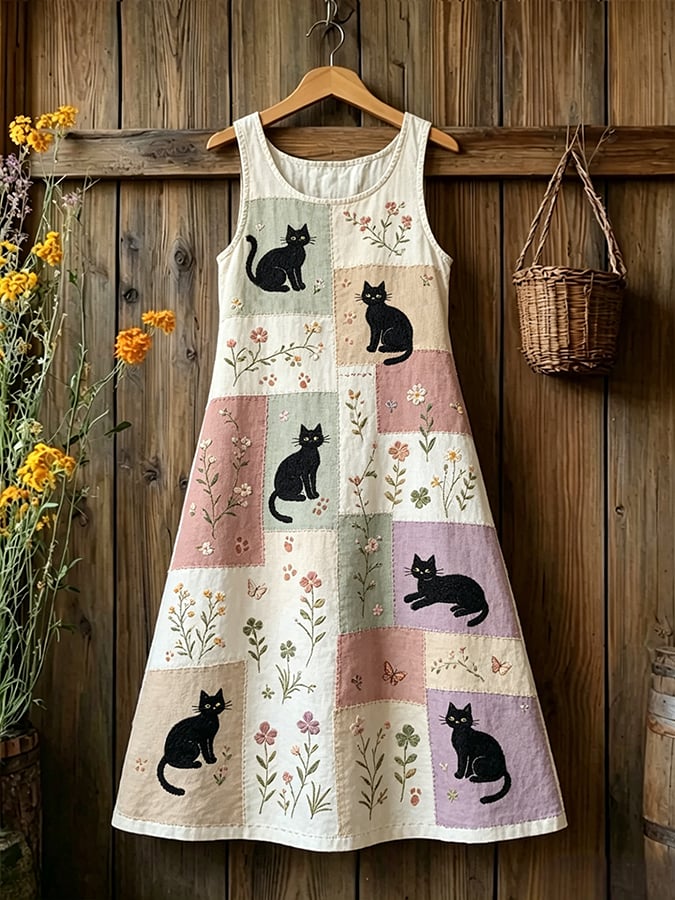 Women'S Sleeveless Crew Neck Dress With Cat Print