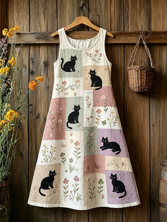 Women'S Sleeveless Crew Neck Dress With Cat Print
