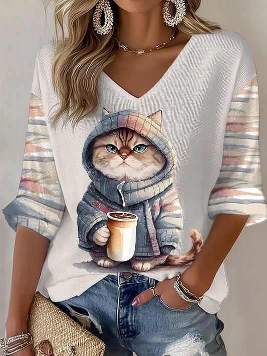 Women's Kitten With A Coffee Print T-Shirt