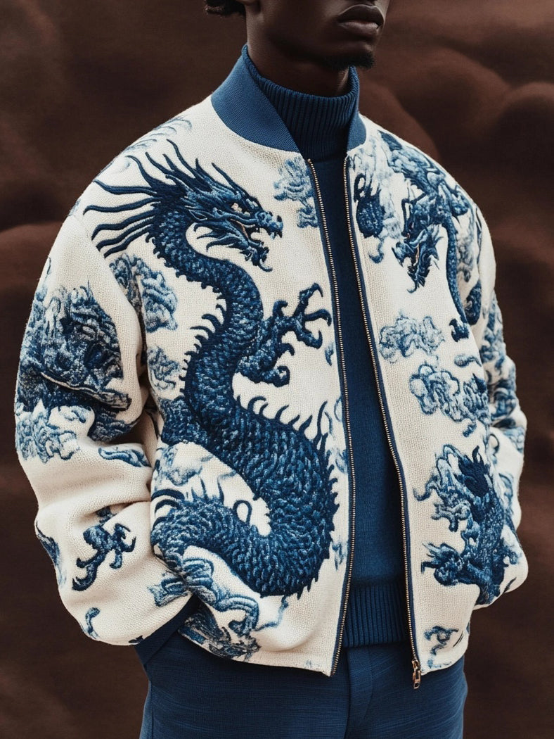 Men's Dragon And Cloud Print Casual Zip Up Jacket