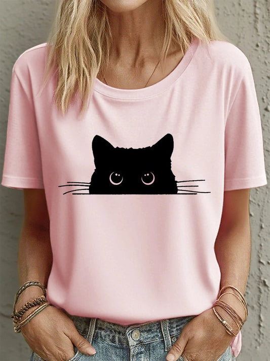 Women's Cute Black Cat Print Short-Sleeved T-Shirt