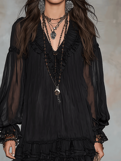 Bohemian Black Chiffon Dress With Soft Ruffle Trim