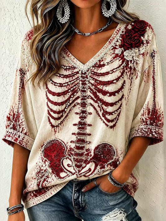 Women's Halloween Bloody Skull Art V Neck Three-quarter Sleeve T-shirt