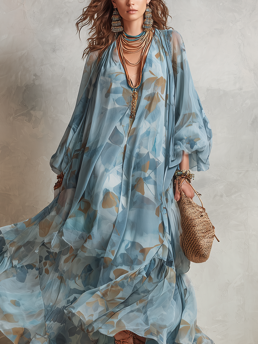 Bohemian Flowing Blue Floral Print Maxi Dress