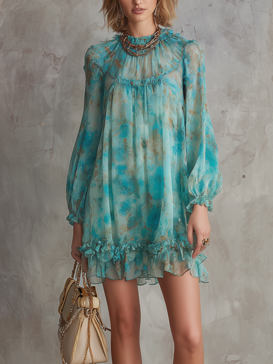 Printed Tulle Ruffle Mini Dress