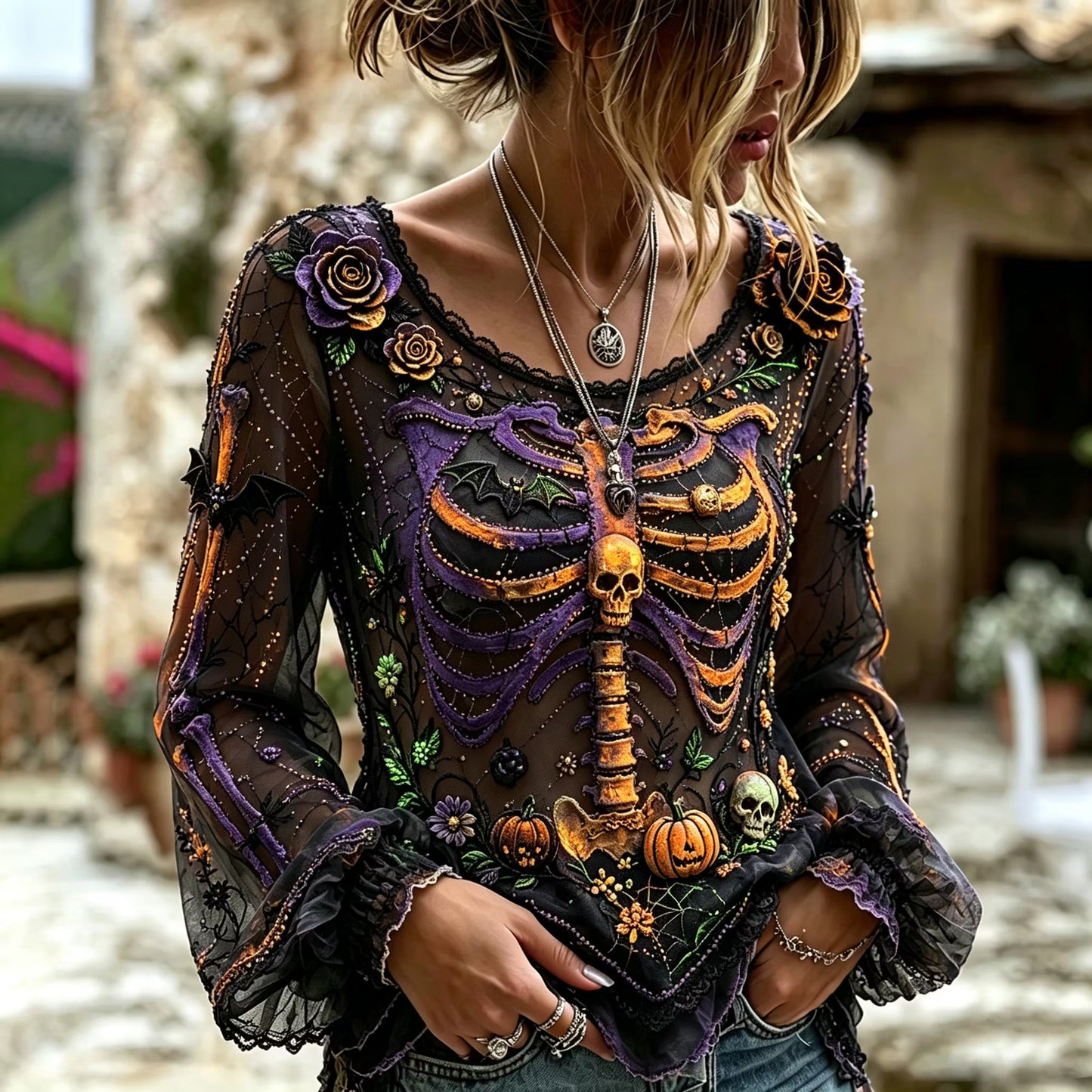 Vintage Halloween Skull And Floral Art Casual Long Sleeve Top