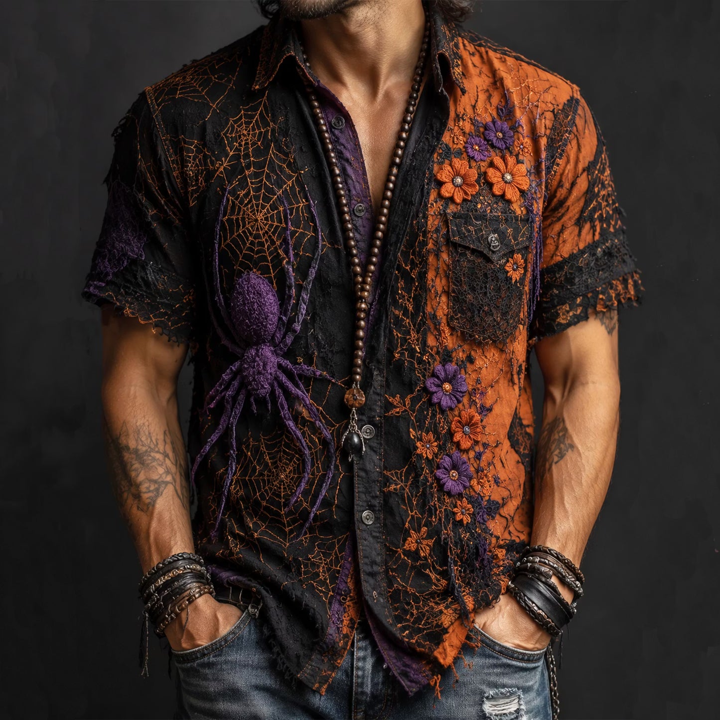 Men's Vintage Distressed Halloween Gothic Purple Spider Floral Embroidery Short Sleeve Button Up Shirt