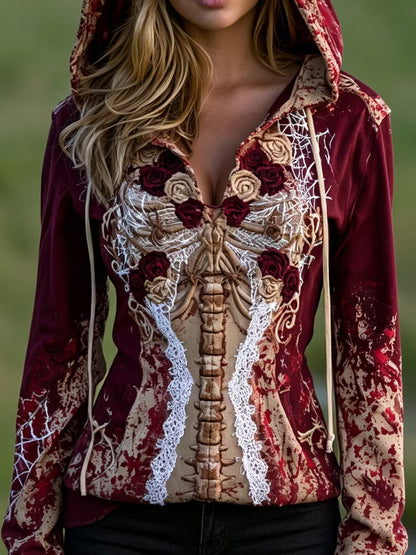 Women's Retro Halloween Human Bones And Floral Embroidery Hoodie