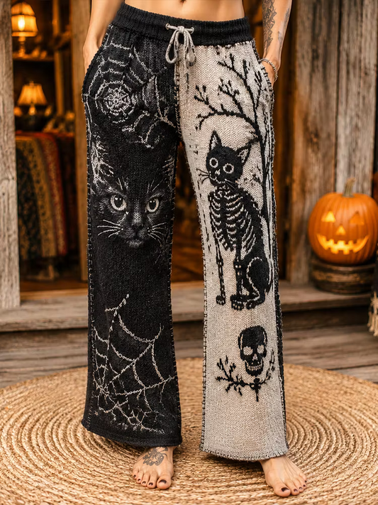 Women's Gothic Split-leg Knit Pants With Cat Face, Skeleton, And Spider Web Pattern