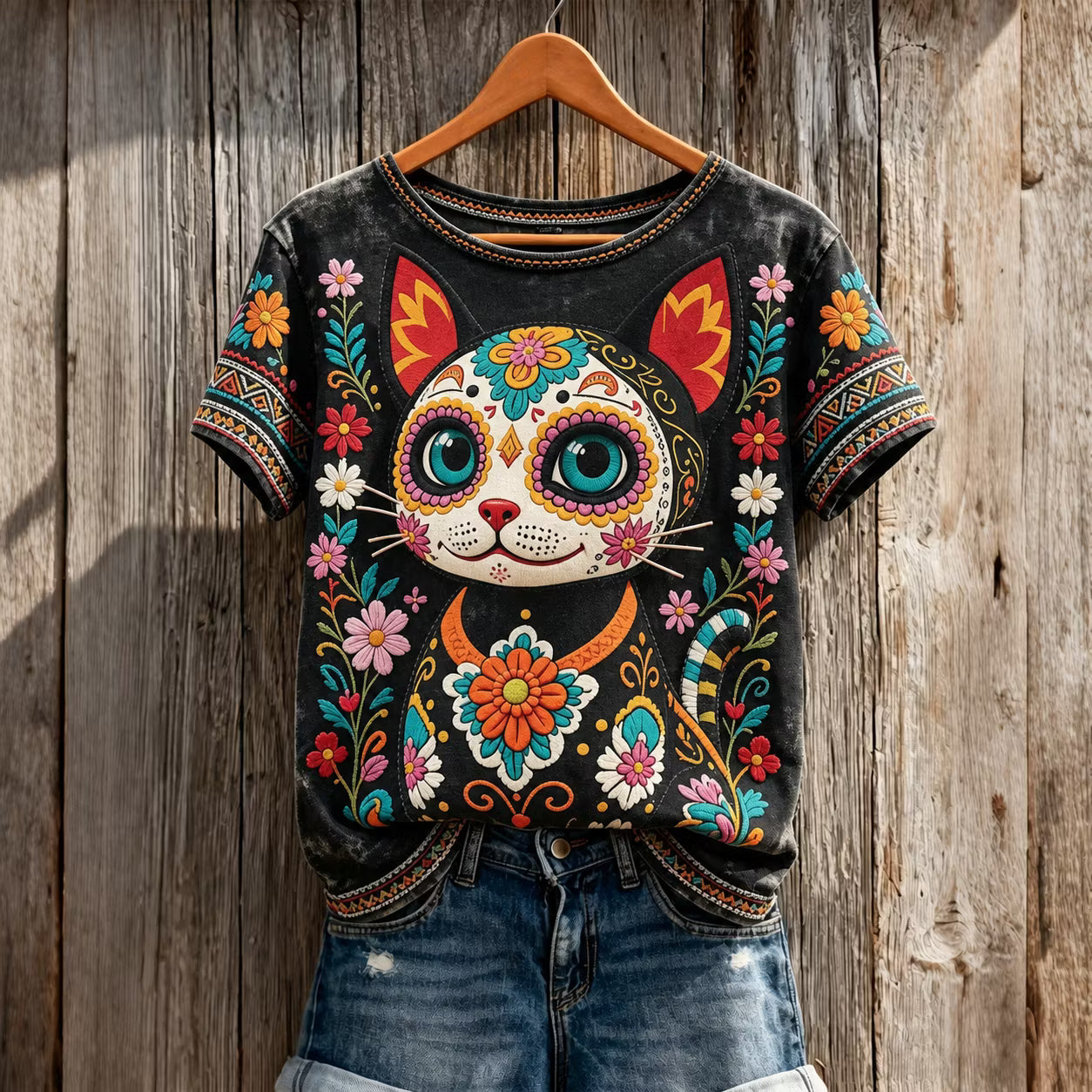 Women's Retro Floral Cat Skull Print Cotton Linen Top