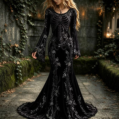Women's Halloween Dark Gothic Skull Floral Rhinestones Elegant Velvet Round Neck Long Sleeve Dress