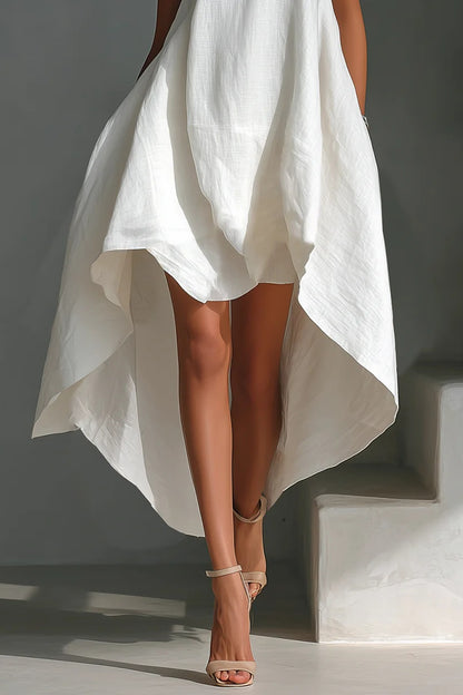 Women's White Linen Fabric Sleeveless Midi Dress With Round Neck & Asymmetric Hem
