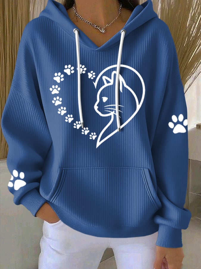 Women's Heart Paw Print Casual Hoodie Sweatshirt