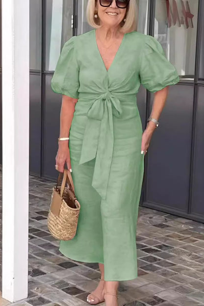 V-neck Tie-waist Puff Sleeve Cotton Dress