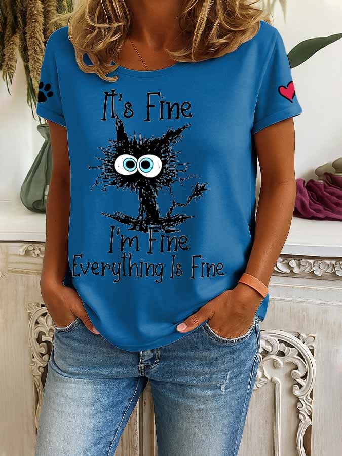 Women's Retro It'S Fine I'M Fine Everything Is Fine Cat Print T-Shirt