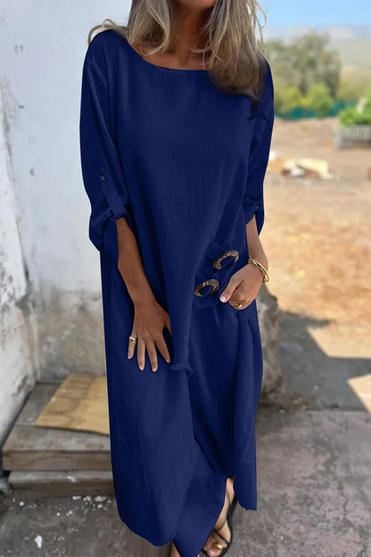 Women's Linen Blend Ring Detail Midi Blouse and Elastic Waist Pocketed Loose Pants Set