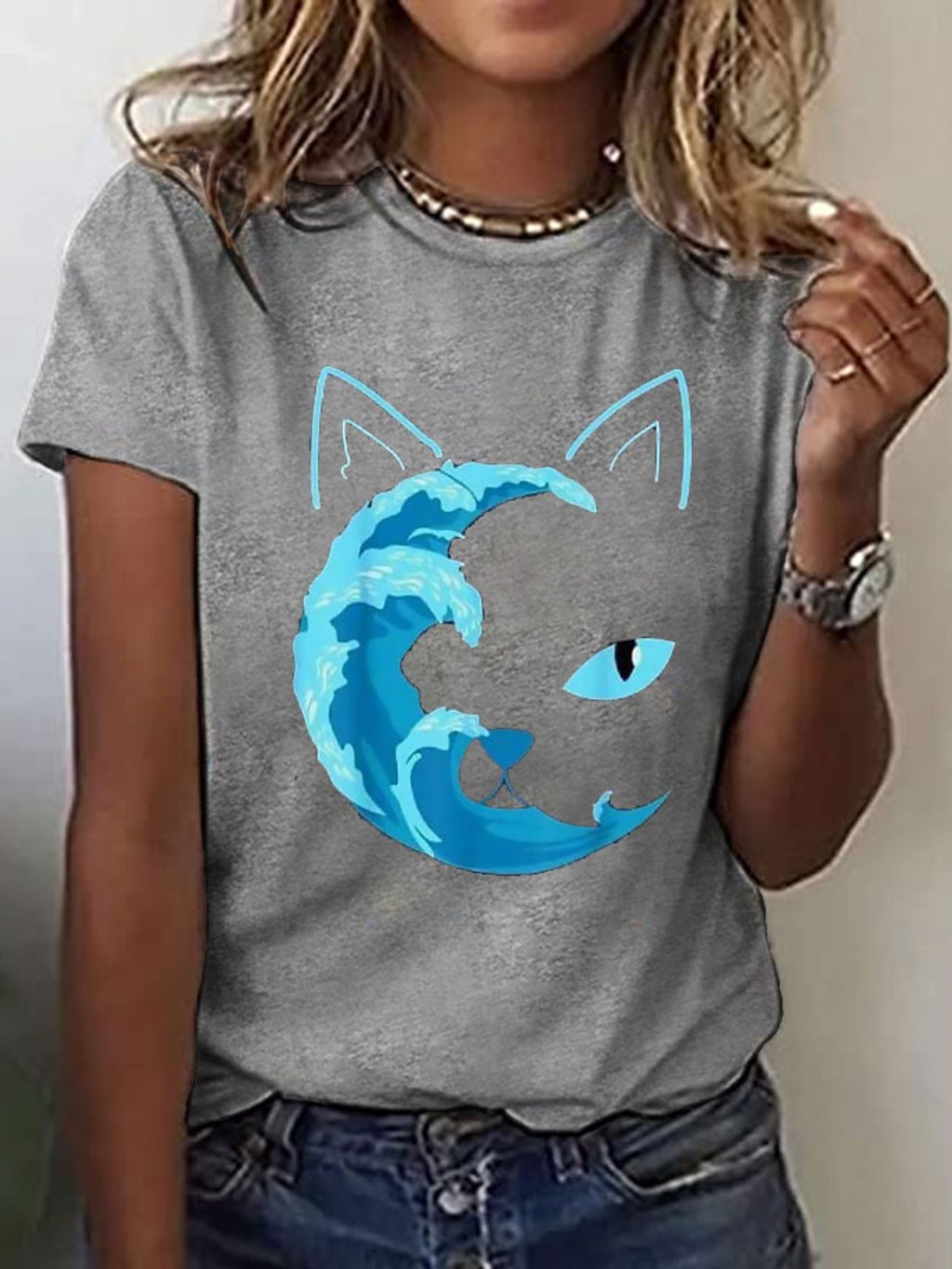 Women's Blue Wave&Cat Print T-Shirt