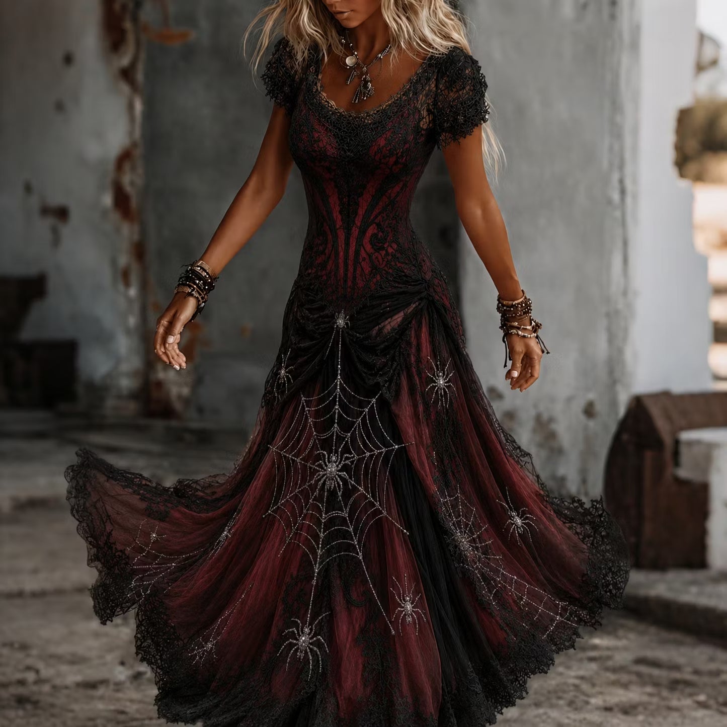 Women's Vintage Spider Web Art V-neck Short Sleeve Maxi Dress