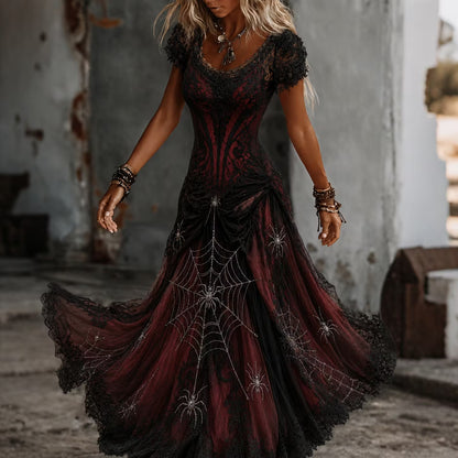 Women's Vintage Spider Web Art V-neck Short Sleeve Maxi Dress