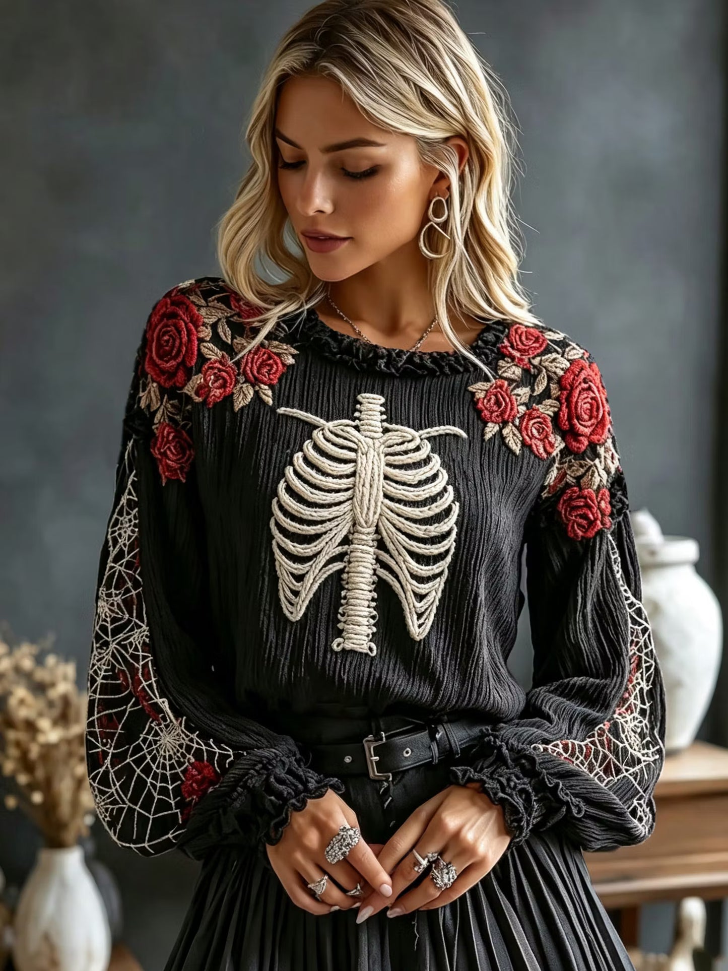 Women's Retro Halloween Bone And Floral Art Embroidery Round Neck Top