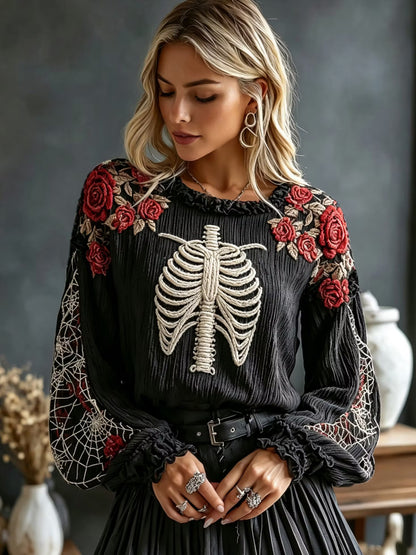 Women's Retro Halloween Bone And Floral Art Embroidery Round Neck Top